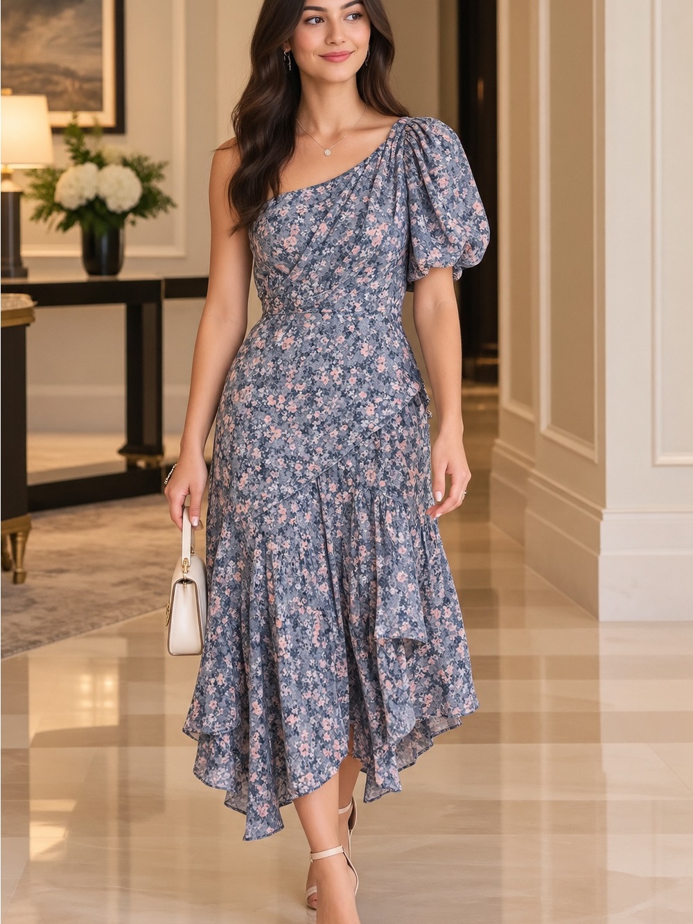 Astr One-Shoulder Blue Floral Midi Dress with Puff Sleeve